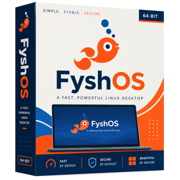 Retro-style boxed edition of FyshOS