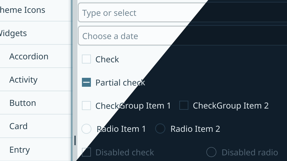The FyshOS theme, shown split between its light and dark variants